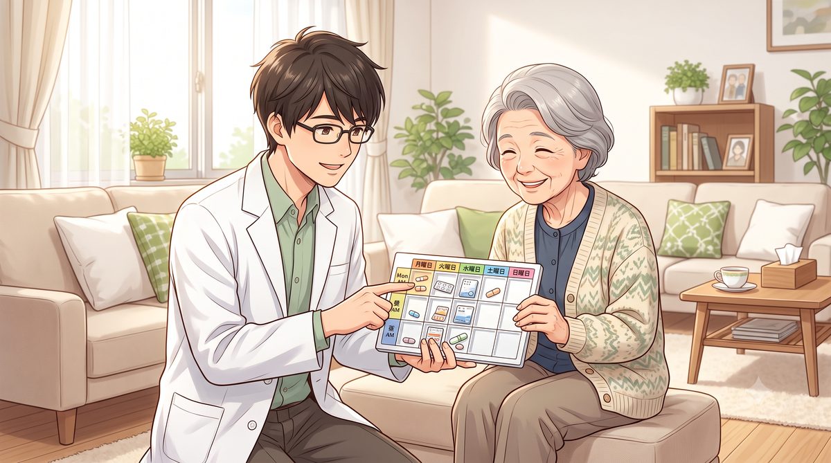 薬剤師がご自宅でお薬カレンダーを使って説明している様子